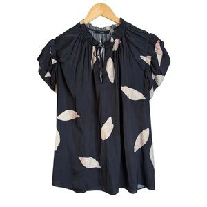 T Tahari Ruffle Short Sleeve Blouse Gathered Tie V-neck Women Plus Size 1X Navy